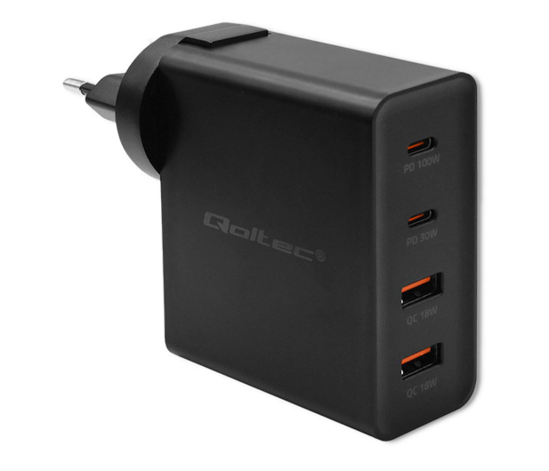 QOLTEC Ładowarka GaN Power Pro | 2xUSB-C | 2xUSB | 130W | 5-20V | 1.5-5A| PD | Czarna 52383 - 1213311 - zdjęcie